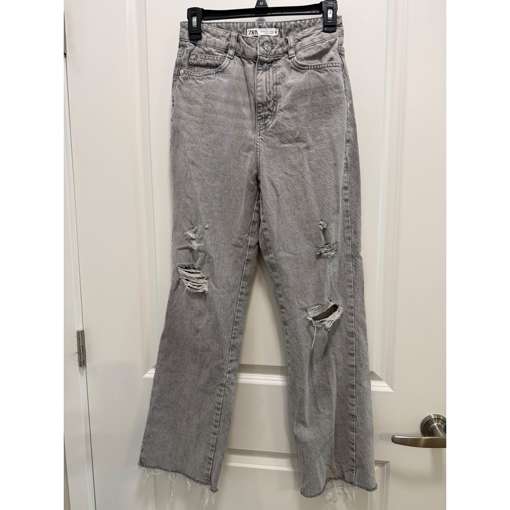Zara Womens High Rise Straight Leg Distressed Grey Denim Jeans Size 2‎ Raw Hem